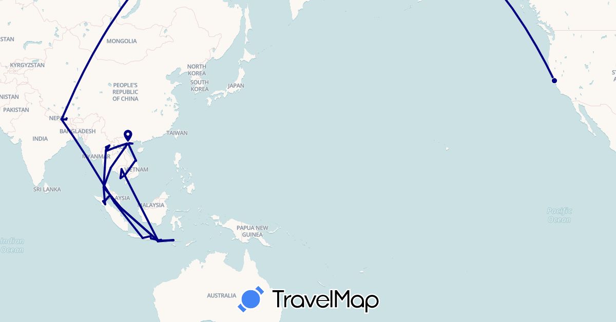 TravelMap itinerary: driving in Indonesia, Cambodia, Laos, Malaysia, Nepal, Singapore, Thailand, United States, Vietnam (Asia, North America)